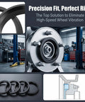 4 Pack Black Hub Centric Rings 60.1 To 73.1 Mm Wheel Centerbore Fillers That Squash Nasty Steering Jitters For A Sweetly Smooth And Dead Firm Daily Ride Setup close-up with precision fit in workshop.