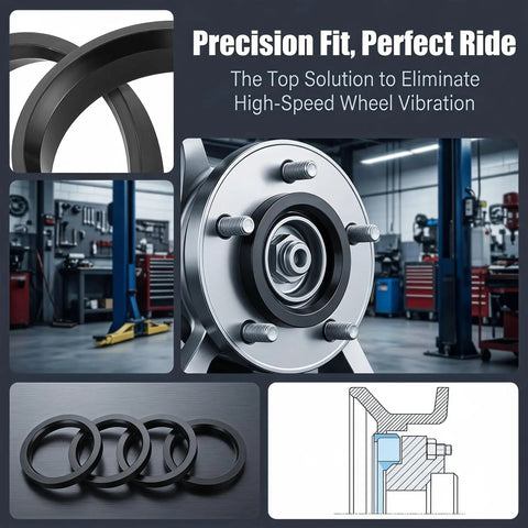 4 Pack Black Hub Centric Rings 60.1 To 73.1 Mm Wheel Centerbore Fillers That Squash Nasty Steering Jitters For A Sweetly Smooth And Dead Firm Daily Ride Setup close-up with precision fit in workshop.