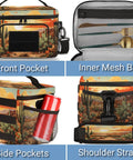 Flower Cactus Desert Tactical Lunch Bag for Men and Women showing front pocket, side pockets, inner mesh, and strap.