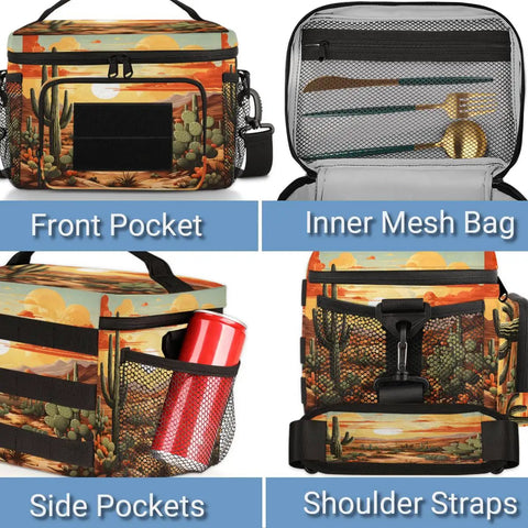 Flower Cactus Desert Tactical Lunch Bag for Men and Women showing front pocket, side pockets, inner mesh, and strap.
