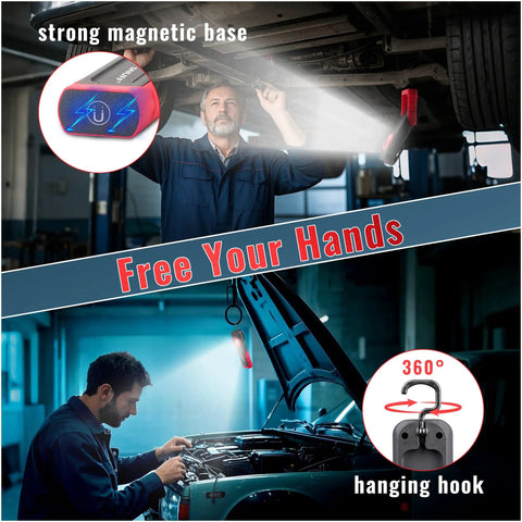 Rechargeable Detailing Light With Magnetic Base And Hook, 600 Lumen Handheld LED Swirl Finder installed on car hood for auto detailing.