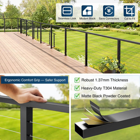 Built Like A Tank 12 Foot Stainless Steel Matte Black Handrail For Cable Railing System 3 Pack shown on modern deck with ergonomic grip.