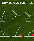 Instruction for using the Beefy Heavy Duty Galvanized Tent Stakes 10 Pack With Ropes For High Winds, showing placement angles and distances.