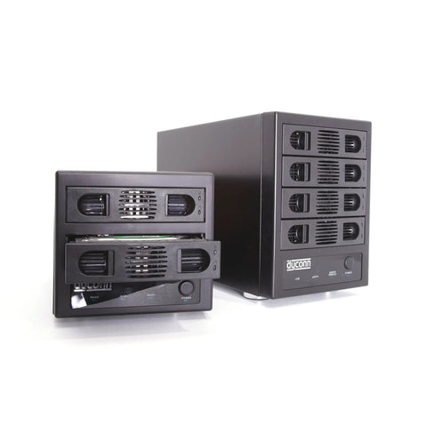 Badass Heavy Duty Four Bay Raid And Jbod Hard Drive Enclosure For Two Point Five And Three Point Five Inch Sata Drives With E Sata And Usb Three Oh Ports Rock Solid Metal Frame Plug And Play Setup No Fuss Data Storage, showcasing slots for multiple drives.