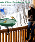 Built Different 100W Heated Bird Bath For Deck Railing With Smart Thermostat, two birds enjoying heated water in winter garden.