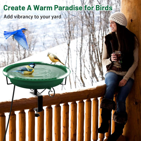 Built Different 100W Heated Bird Bath For Deck Railing With Smart Thermostat, two birds enjoying heated water in winter garden.