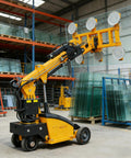 Heavy Duty Mobile Glass Panel Vacuum Lifter For Rugged Job Site with 4 suction cups lifting glass in warehouse.