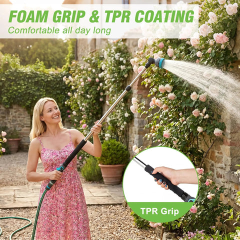 Extendable Watering Wand 37 To 55 Inch With 9 Pattern Heavy Duty Metal Nozzle Pivot Head And Thumb Flow Control in use
