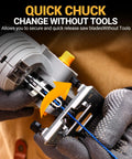 Heavy Hitting 6.7 Amp Corded Jigsaw Slays Through Hardwood And Steel, featuring quick chuck tool-free blade change.