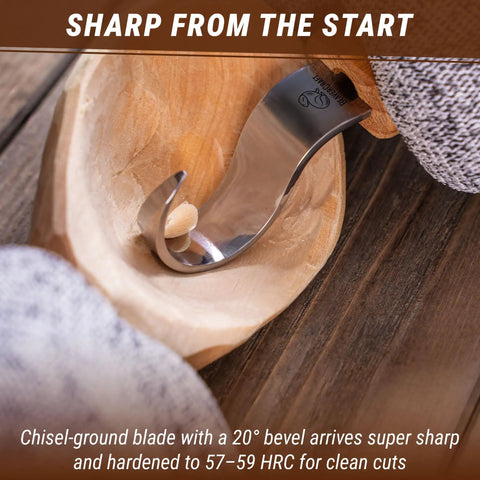 Left Handed Hook Whittling Knife Cut From Heavy Duty Carbon Steel For Easy Bowl And Kuksa Turning showing chisel-ground blade in wooden bowl.
