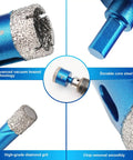 Close-up of Diamond Core Drill Bit Set For Porcelain Tile Ceramic Marble Granite With Triangle Shank Hole Saw Kit, 11 Pieces.