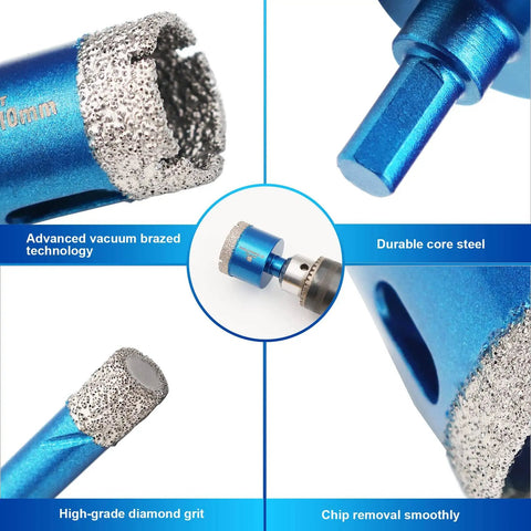 Close-up of Diamond Core Drill Bit Set For Porcelain Tile Ceramic Marble Granite With Triangle Shank Hole Saw Kit, 11 Pieces.