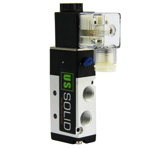 Side view of US Solid 1/4 in NPT five-way two-position pneumatic solenoid valve with transparent coil housing