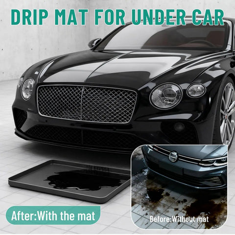 Heavy Duty Silicone Oil Drip Mat For Under Car 27x27 Inch Non Slip Oil Spill Tray shown under parked car in garage