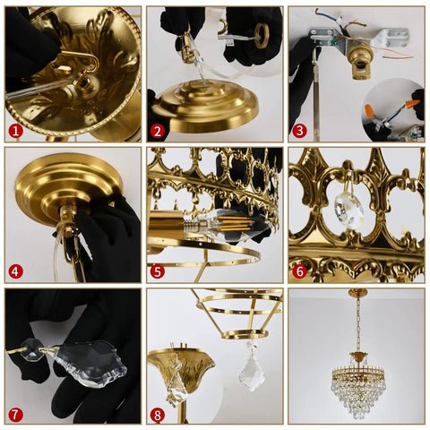 Modern Crystal Chandelier Round Gold Pendant Light Fixture For Living Room Dining Room Foyer And Bedroom, shown in assembly details