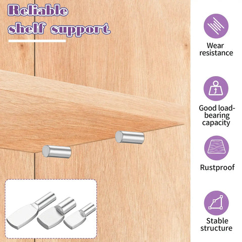 48 Pack Beefy Stainless Steel Shelf Support Pins With Spoon Shape Design For Cabinet And Bookshelf Upgrades shown on wood panel.