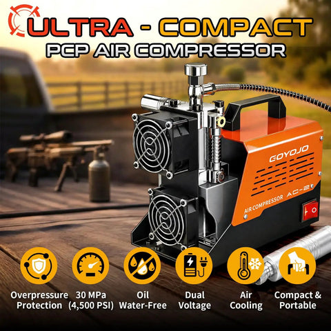 Goyojo Ac-2 Portable Pcp Air Compressor Pump Reaches 4500 Psi With Oil-Free Design And Dual Voltage Support. Enjoy Extended 45-Min Continuous Runtime For Refilling Hpa Paintball Tanks And Pcp Airguns Efficiently On The Go Or At Home Without Hassle.