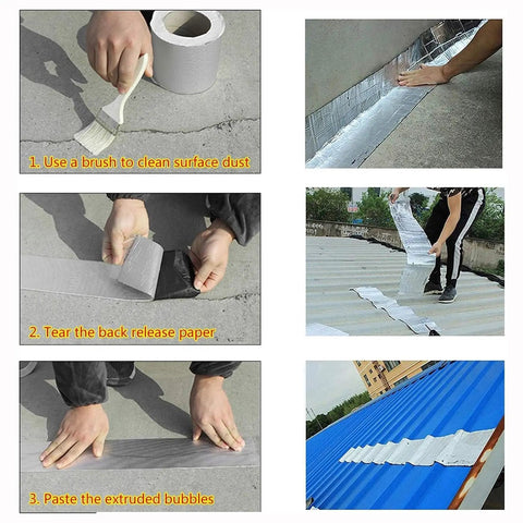 Grizzled Crew Approved Roof Patch Tape With Thick Bitumen Base And Cool Reflective Foil Self Adhesive Heavy Duty Weatherstripping Roll in use for sealing leaks.