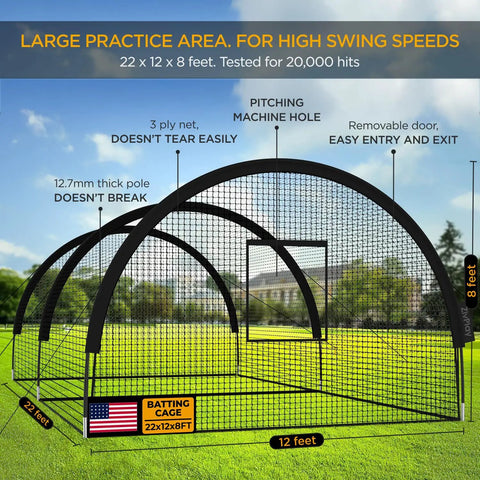 Backyard Portable Batting Cage Net For Baseball And Softball, Pop Up Cage 22 Ft By 12 Ft By 8 Ft, Pitching Machine Hole