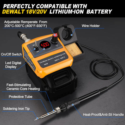 Cordless Soldering Iron Kit With 90W Digital LED Display Compatible With 20V 60V Flex Batteries, showing digital display and soldering tip.