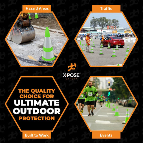 36 Inch Lime Green Traffic Cone With Dual 6 Inch And 4 Inch Reflective Collar Four Pack Heavy Duty PVC Safety Cone in use