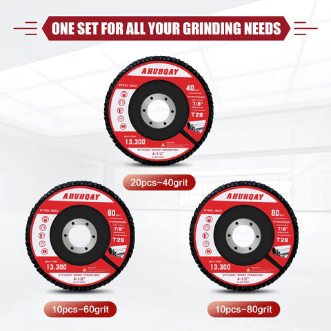 40 Pack 4-1/2 Inch Ceramic Flap Discs for Angle Grinder, Type 29, 40 60 80 Grit Set displayed with packaging details