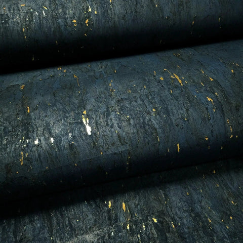 Top Shelf Natural Cork Wall Covering In Dope Navy Blue With Shiny Gold Metallic Vibes Solid Removable Washable Texture Heavy Duty Unpasted Game Changer Basement Ready Upgrade 3 Ft By 24 Ft Roll, close-up view of texture.