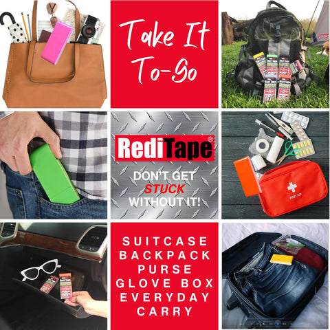 Collage showing Travel Size Pocket Duct Tape 2 Pack Twin Silver in various everyday carry scenarios.