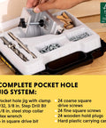 All In One Aluminum Pocket Hole Jig Kit With Carrying Case For Easy Corner And Angle Joints Face Frame Cabinets Leg And Rail Projects Do It Yourself Woodworking Made Simple With A Durable Pocket System For Quick Strong Joints kit contents including drill bits and accessories in a case