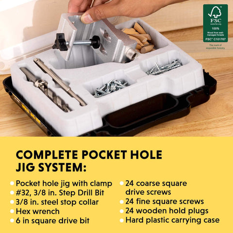 All In One Aluminum Pocket Hole Jig Kit With Carrying Case For Easy Corner And Angle Joints Face Frame Cabinets Leg And Rail Projects Do It Yourself Woodworking Made Simple With A Durable Pocket System For Quick Strong Joints kit contents including drill bits and accessories in a case