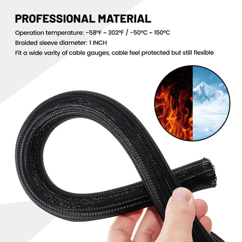 1 Inch Inner Diameter 10 Foot Split Braided Wire Cable Sleeve held in hand showing flexibility and high temperature protection