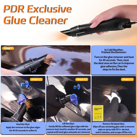Paintless Dent Repair Kit With LED Line Board And Heat Gun For Glue Removal, showing usage instructions and tools in action.