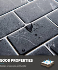 Close-up of Peel And Stick Backsplash Tiles 12x12 Black Marble Design showing waterproof surface with water droplets