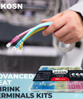Person holding cables with 302 Pcs Heat Shrink Wiring Connectors Kit with crimp insulated terminals in assorted colors.