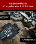 Adventure rider using Compact 30 Piece Motorcycle Adventure Tool Kit With Pliers Wrenches Sockets And Screwdrivers In Rugged CR-V Steel Tool Roll