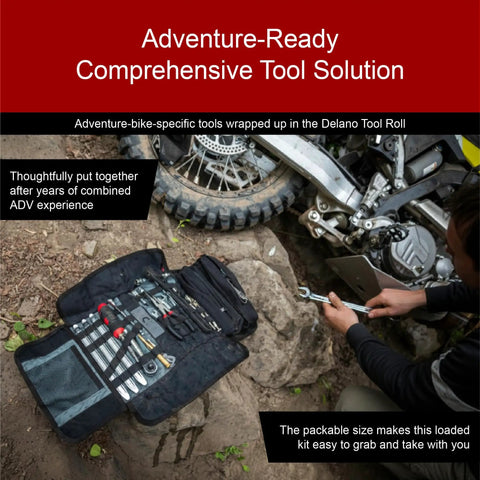 Adventure rider using Compact 30 Piece Motorcycle Adventure Tool Kit With Pliers Wrenches Sockets And Screwdrivers In Rugged CR-V Steel Tool Roll