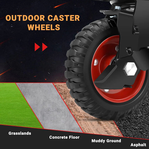 Rugged 6 Inch Heavy Duty Caster Wheels Set Of Four With Knockdown Brakes, showcasing outdoor use on various surfaces.