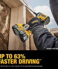 Person using 20V Max XR Cordless Impact Driver Bare Tool With 1 Quarter Inch Hex Chuck for wood fastening, battery sold separately