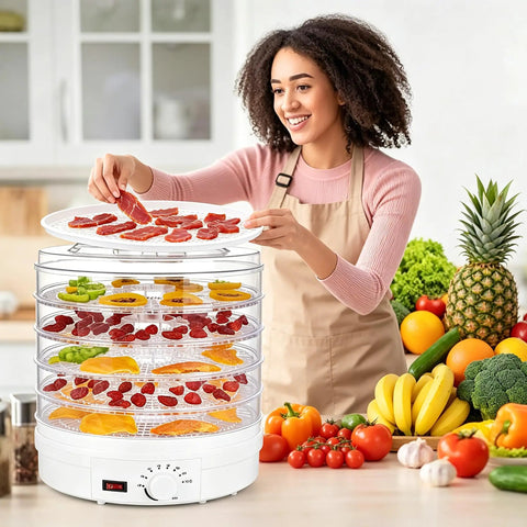 Heavy Duty Electric Food Dehydrator With Five Clear Trays And Adjustable Heat Zones For Zero Fuss Drying Of Fruit Meat Jerky And Custom Pet Treats Perfect For Family Dinners And Weekend Meal Prep in use with sliced fruits and jerky.
