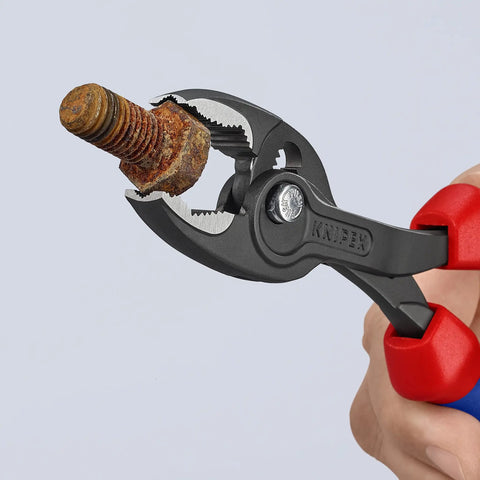 TwinGrip Adjustable Front Grip Pliers With Side Grip Push Button Adjust Tongue And Groove Joint Black With Multi Component Sleeves 200mm Length For Tight Spots Heavy Duty Pliers For Construction And Mechanic Work gripping rusty bolt