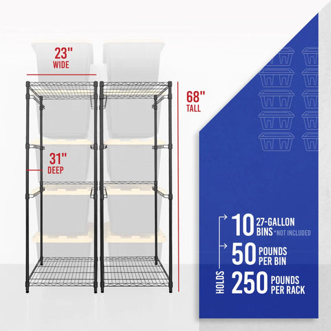 Heavy Duty Five Tier Steel Tote Rack Sized For Twenty Seven Gallon Bins Comes As A Double Pack Vertical Organizer Rock Solid Black Steel Frame Easy Setup Garage Basement Space Saver Game Changer Keeps Your Gear Neat And Accessible With No Sweat Ever