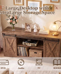 Hella Sturdy Farmhouse TV Stand For 65 Inch TV With Plenty Of Storage Space And Rustic Brown Finish, large desktop with storage.