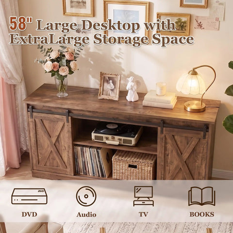 Hella Sturdy Farmhouse TV Stand For 65 Inch TV With Plenty Of Storage Space And Rustic Brown Finish, large desktop with storage.