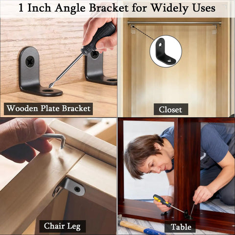 Tough As Nails 50 Pack Black Stainless Steel L Brackets And Corner Supports With Complete Screw Set Designed To Grip Tight For Woodworking Furniture Shelf Cabinet Drawer Repair, showing various uses like closet and table.