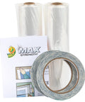 Max Strength Window Insulation Kit For Cold Weather with two clear shrink film rolls, tape, and instructions.