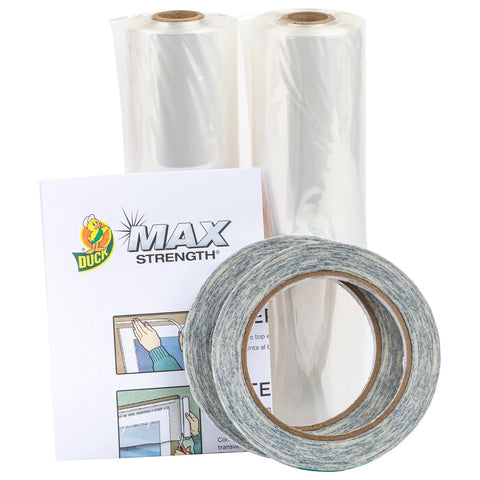 Max Strength Window Insulation Kit For Cold Weather with two clear shrink film rolls, tape, and instructions.