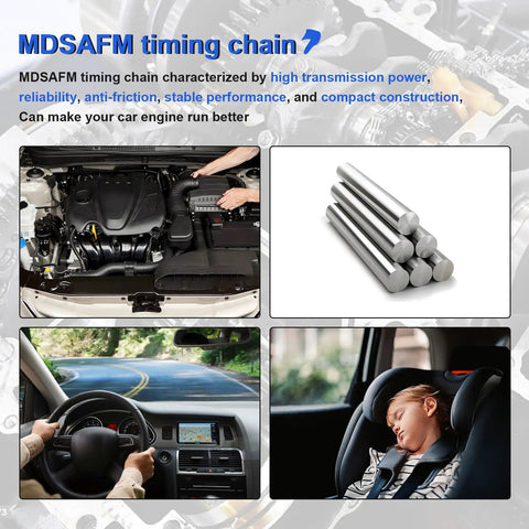 Hands working on car engine next to metal rods, driver view, and child sleeping in car seat showcasing BeefedUp Heavy Duty Timing Chain Kit.