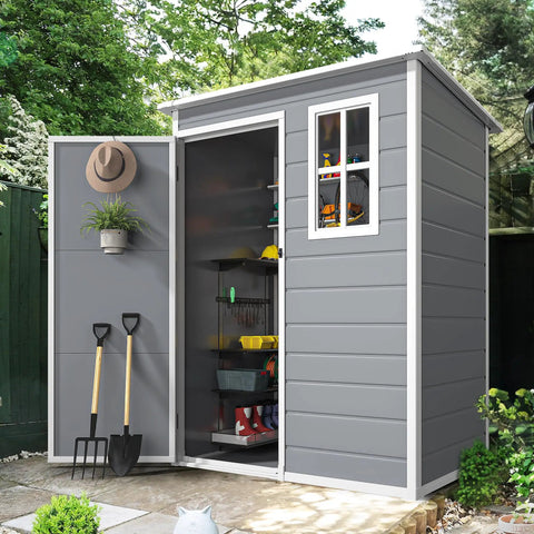 5x3 Ft Outdoor Storage Shed With Floor All Weather Resin Construction Window And Lockable Door Waterproof Plastic Tool Storage For Garden Patio Gray Durable, open door view with visible tools inside