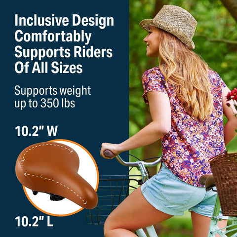 Wide Cruiser Bicycle Saddle With Memory Foam Cushion, Steel Spring And Elastomer Suspension, Heavy Duty Brown Seat
