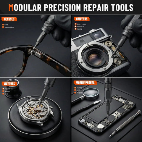 66 In 1 Magnetic Ratchet Screwdriver Set With S2 Steel Bits, Pro Grade Tool Kit in use on glasses, camera, watch, phone